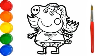 Como Dibujar a Peppa Pig de Mujer Maravilla - Dibujos Para Colorear - Learn Colors / FunKeep Art
