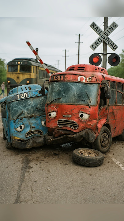 Bus tayo biru tabrakan dengan Bus tayo merah di rel kereta api