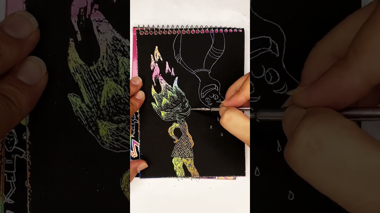 Elemental Scratch Art | Ember & Wade in Scratchboard Style 🎨✨