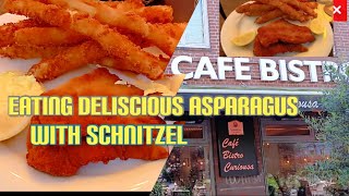 CAFE BISTRO CURIOSA RESTAURANT EATING DELISCIOUS ASPARAGUS WITH SCHNITZEL HAMBURG GERMANY 🇩🇪