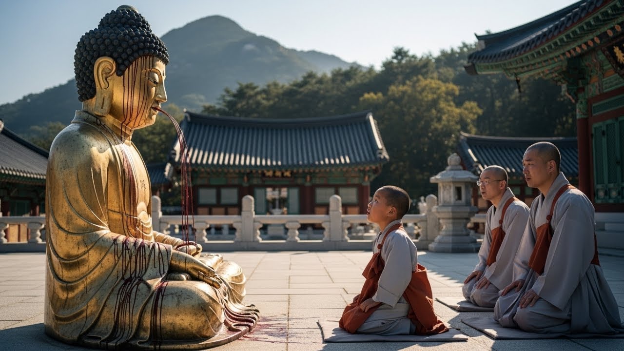 "새벽 예불 중, 불상이 피를 토했다. 동자승이 울자, 한 노스님이 무릎을 꿇었다."