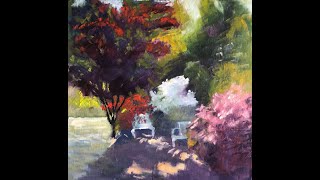 Oil Painting a sunlit garden with flowers