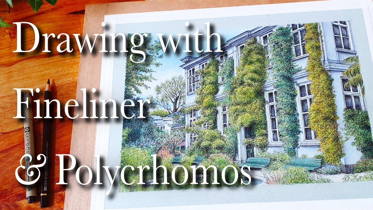 ART VLOG - Fineliner & Polychromos speed drawing of ivy-covered building in botanical gardens