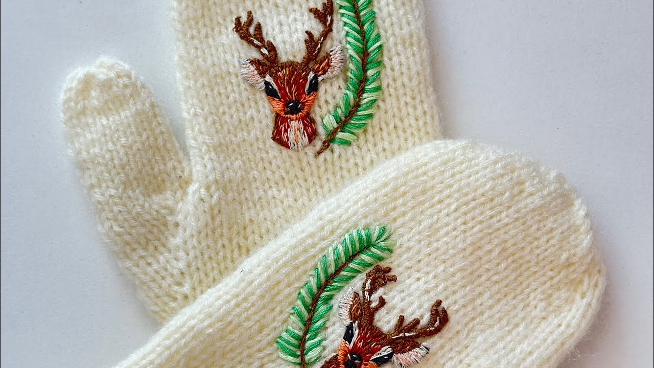 Вышивка гладью. Олень. Вышиваю впервые. Варежки с вышивкой 
