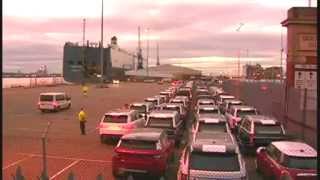 BBC News   Hoegh Osaka  Land Rovers and Jaguars driven off cargo ship
