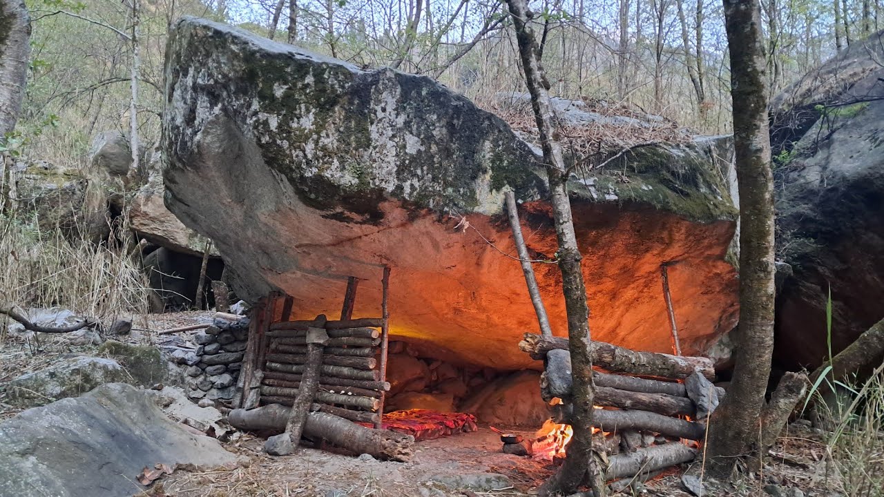 Building Survival Shelter under a Large Rock, solo bushcraft camp - YouTube