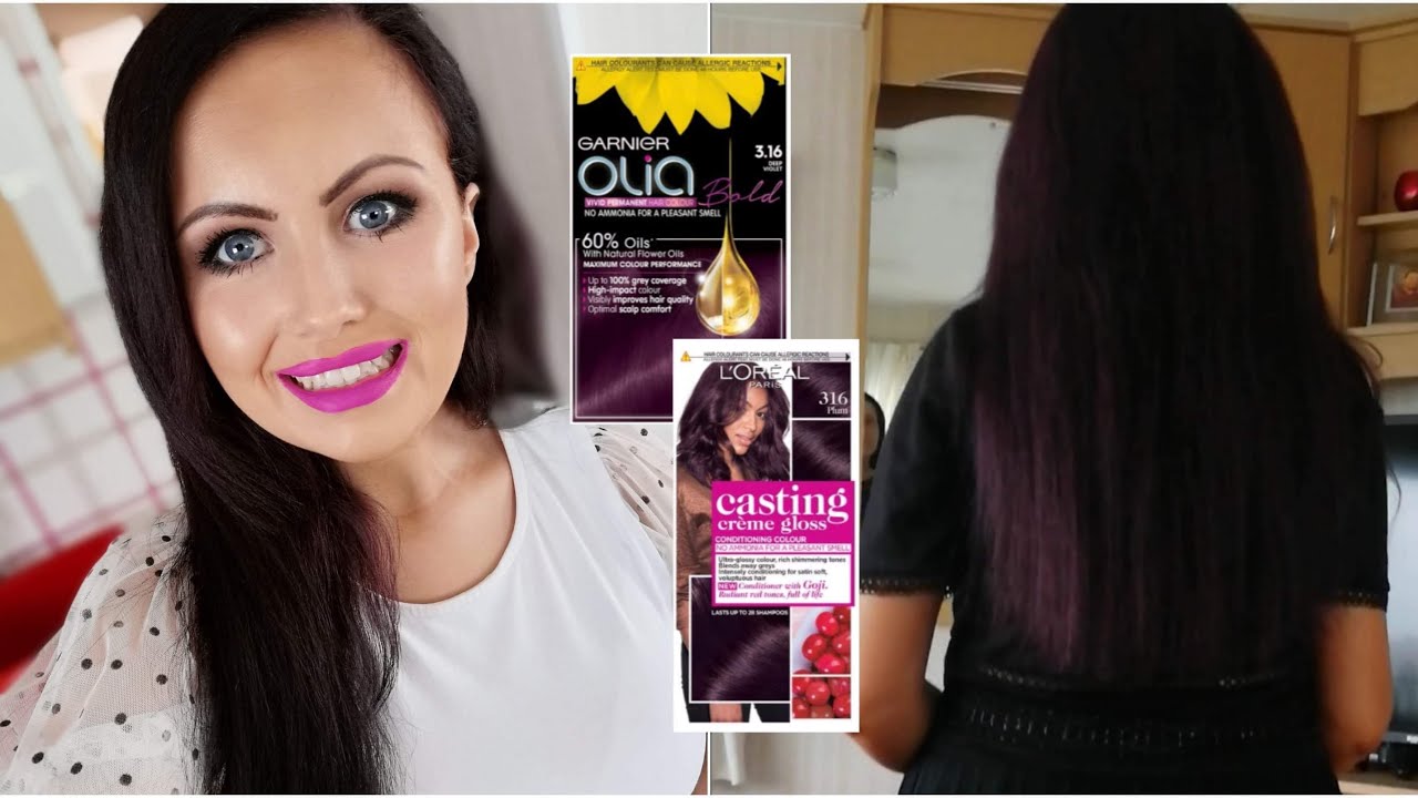 Hair Dye Routine. Garnier Olia  Deep Violet & L'Oréal Casting Creme  Gloss  Plum - YouTube