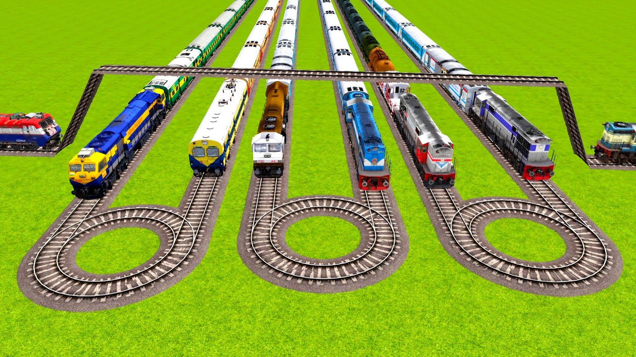 EIGH FAST TRAINS CRAZIST MOVING ON A LADDER RAILROAD ABOVE THREE ROTATING RAILROAD|Train simulator|