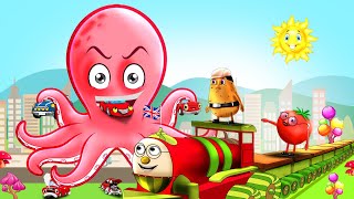 "Saving the Day: Mr. Potato and Mrs. Tomato Battle Giant Octopus to Rescue the City!"