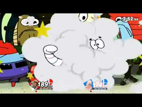 sandy beats up Patrick but it's super smash bros.