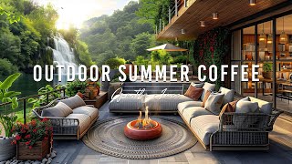 Outdoor Summer Coffee Porch Ambience 🌥️ Happy Piano Jazz & Morning Sunshine to Work, Study