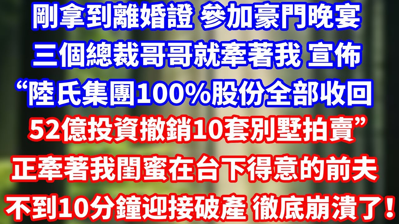 剛拿到離婚證 參加豪門晚宴三個總裁哥哥就牽著我 宣佈“陸氏集團100%股份全部收回52億投資撤銷10套別墅拍賣”正牽著我閨蜜在台下得意的前夫不到10分鐘迎接破產 徹底崩潰了！#爽文#大女主#总裁