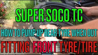 Super Soco TC / TS Vmoto Changing new front tyre / tire How to pumping up rear tyre when out & about