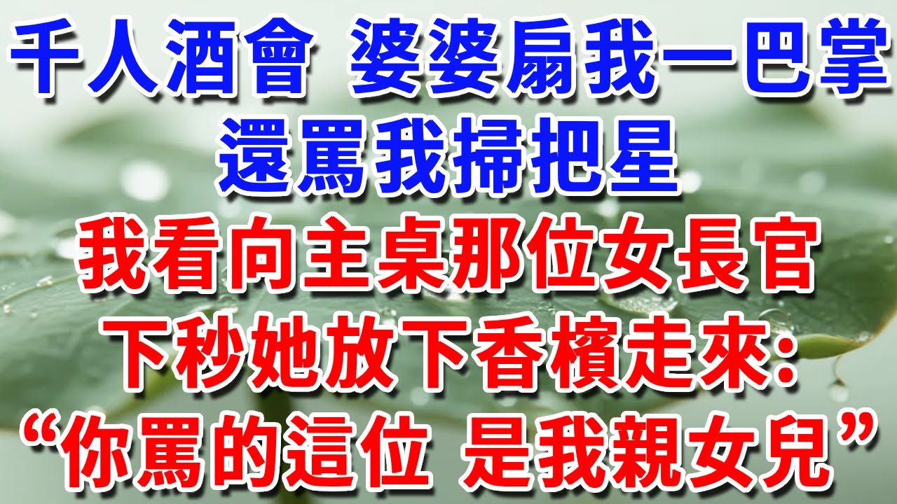 千人酒會，婆婆扇我一巴掌，還罵我掃把星，我冷靜看向主桌那位女長官，下一秒她放下香檳走來，“你罵的這位，是我親女兒。”