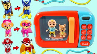 Paw Patrol Chase, Skye, & Marshall Toy Microwave Superhero Transformation to Rescue Cocomelon Pup!