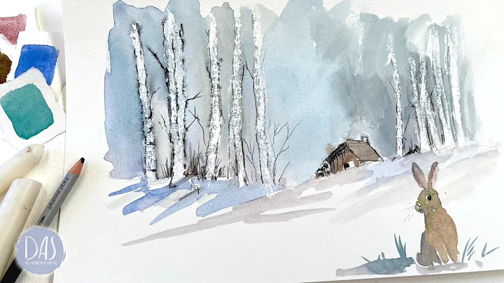 How to Paint a Snowy Winters Day Watercolor Landscape with Birch Trees and Bunny using Wax Resist