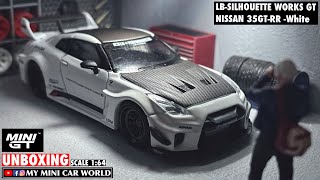 【MY MINI CAR WORLD】UNBOXING MINI GT 1/64 LB-SILHOUETTE WORKS GT NISSAN 35GT-RR - White