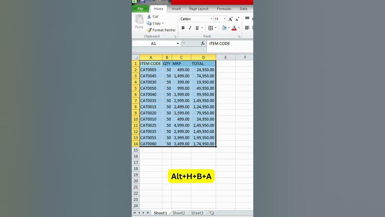Excel shortcut keys alt h o i ctrl h b a youtube