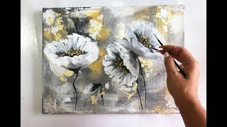 : Flowers painting on canvas/ Gold & Silver Leaf/Demo /Acrylic Technique on canvas