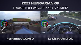Hamilton vs Alonso & Sainz Full Onboard Side by Side With Telemetry | Hungary 2021