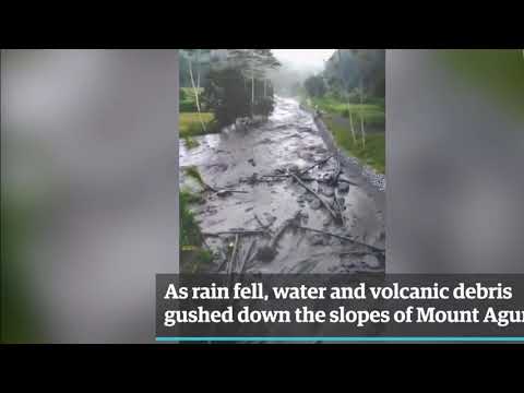 Cold lava flow in mount agung bali volcano eruption in Indonesia