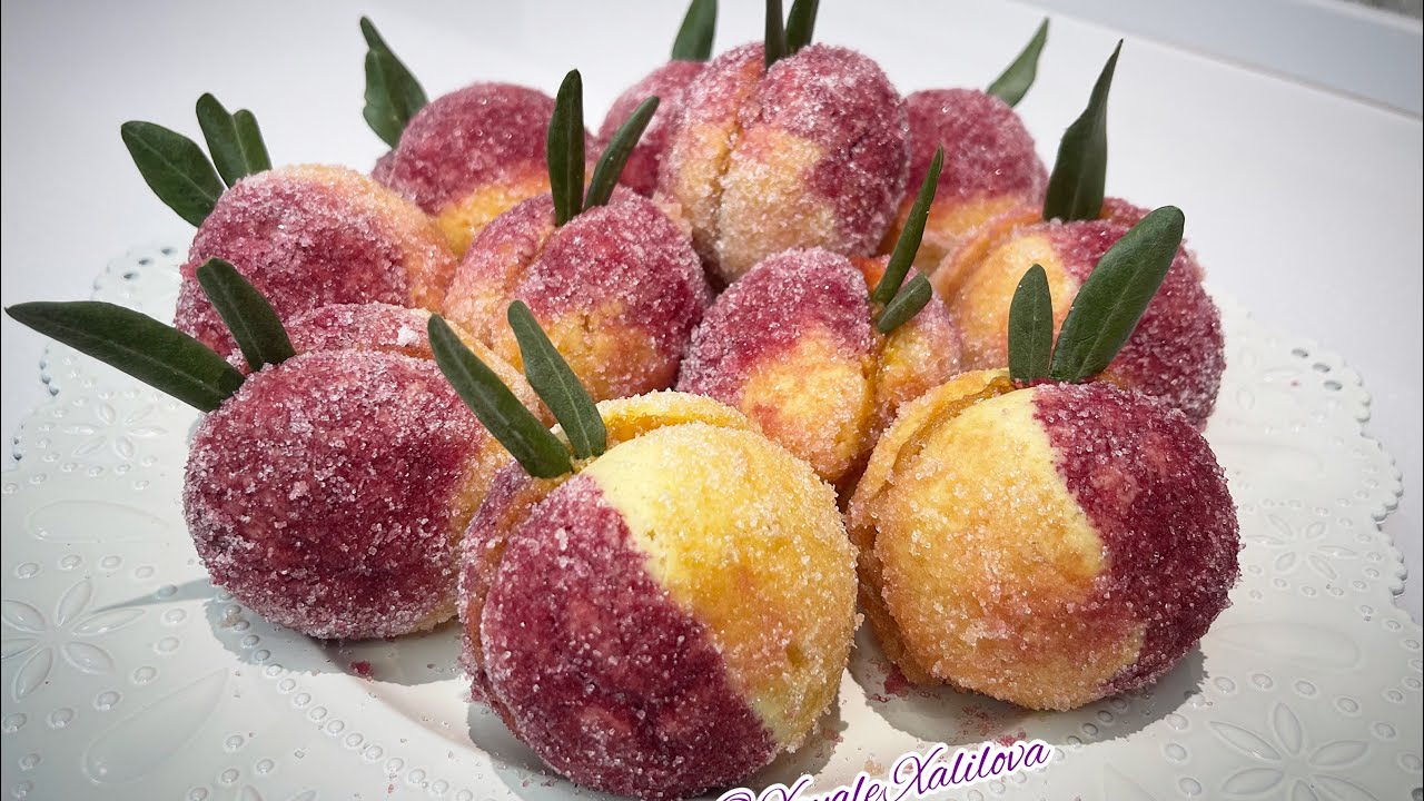 Şaftalı şirniyyatı,toy,nişan və bayram xonçalarının bəzəyi.O qədər ləzzətlidir ki.Пирожное персики.