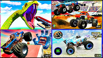 Triple Flatbed Trailer Monster Trucks Transport with Slide Color - Cars vs Speed bump - BeamNG.drive