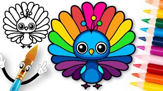 🦚How to Draw a Cute Peacock with Rainbow Tale🖌️Step by Step Easy Tutorial for Kids and Toddlers