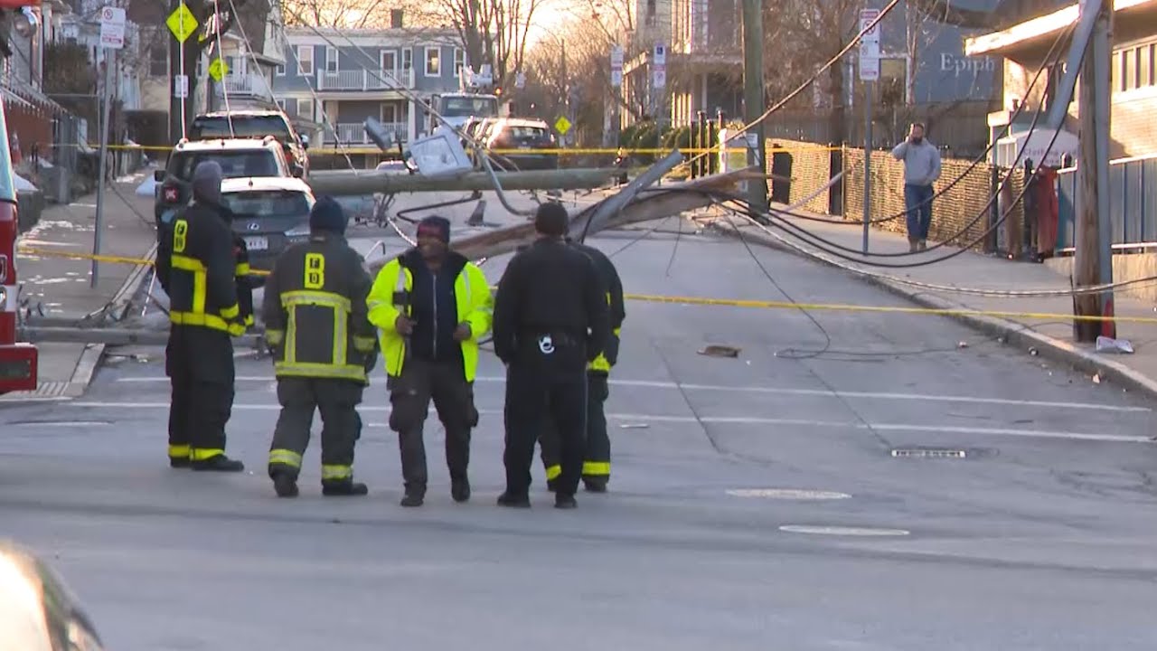 High winds bring down utility poles, power outage in Dorchester - YouTube