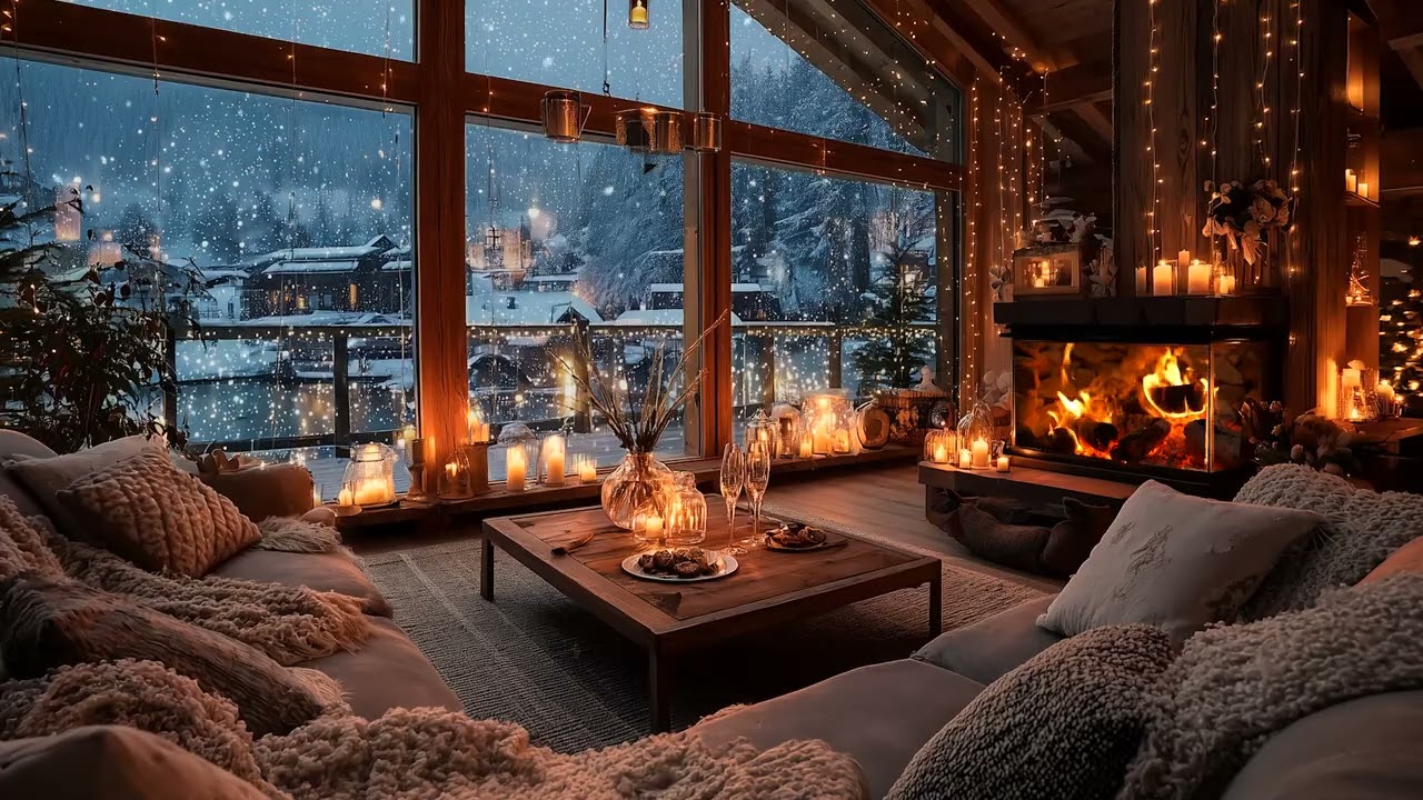 Warm Fireplace & Soft Piano Relaxing Holiday Ambience with Snowfall