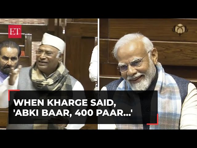 When Congress chief Kharge said, 'Abki baar, 400 paar...' in Rajya Sabha, PM Modi laughs class=