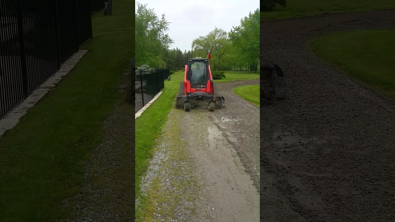 Kubota SVL90 running bobcat soil conditioner on gravel