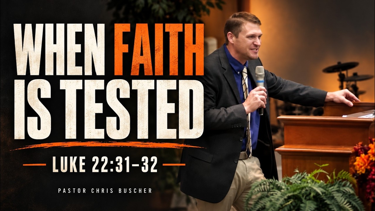 Pastor Chris Buscher preaching from Luke 22:31–32 about why Christians face challenges and how trials strengthen faith.