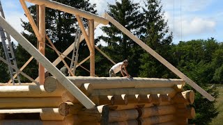 Building LOG CABIN in the Nature S3 Ep 1 /  Roof  (Ridge LOG and Roof Rafters ) was a HUDGE PROJECT