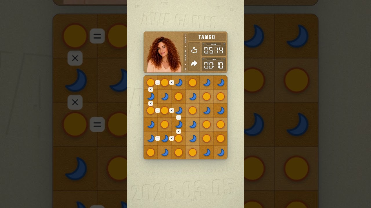 LinkedIn Tango #514 solved board for March 5, 2026, 6x6 grid