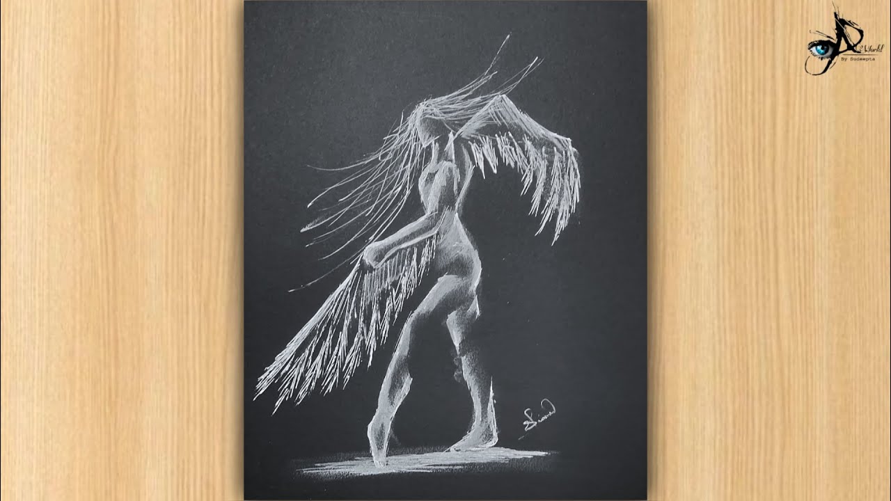 How to draw "Angel Drawing on Black Paper | Realistic White Charcoal Sketch"