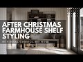After Christmas Farmhouse Shelf Styling with Books, Ceramics, and Wood