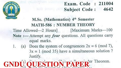 Gndu Msc Mathematics 4th Semester Number Theory Question Paper || MSc Mathe 4th Sem Question Paper
