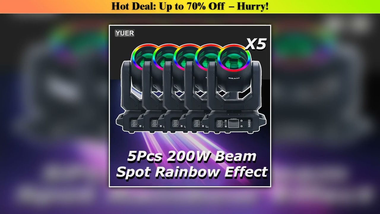 Discount 5Pcs 200W LED With Ring Beam Spot Moving Head Light With 18 Rotating Prism Rainbow Effect•