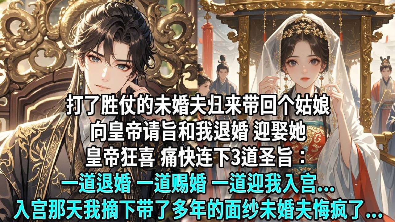 打了勝仗的未婚夫歸來帶回個姑娘，向皇帝請旨和我退婚，迎娶她。皇帝狂喜，痛快連下 3 道聖旨：一道退婚，一道賜婚，一道迎我入宮... 入宮那天我摘下帶了多年的面紗，未婚夫悔瘋了。