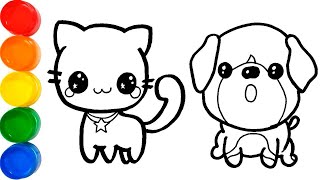 Como Dibujar y Colorear un Gato y un Perro Kawaii 🐱🐶 Dibujos Para Niños / FunKeep