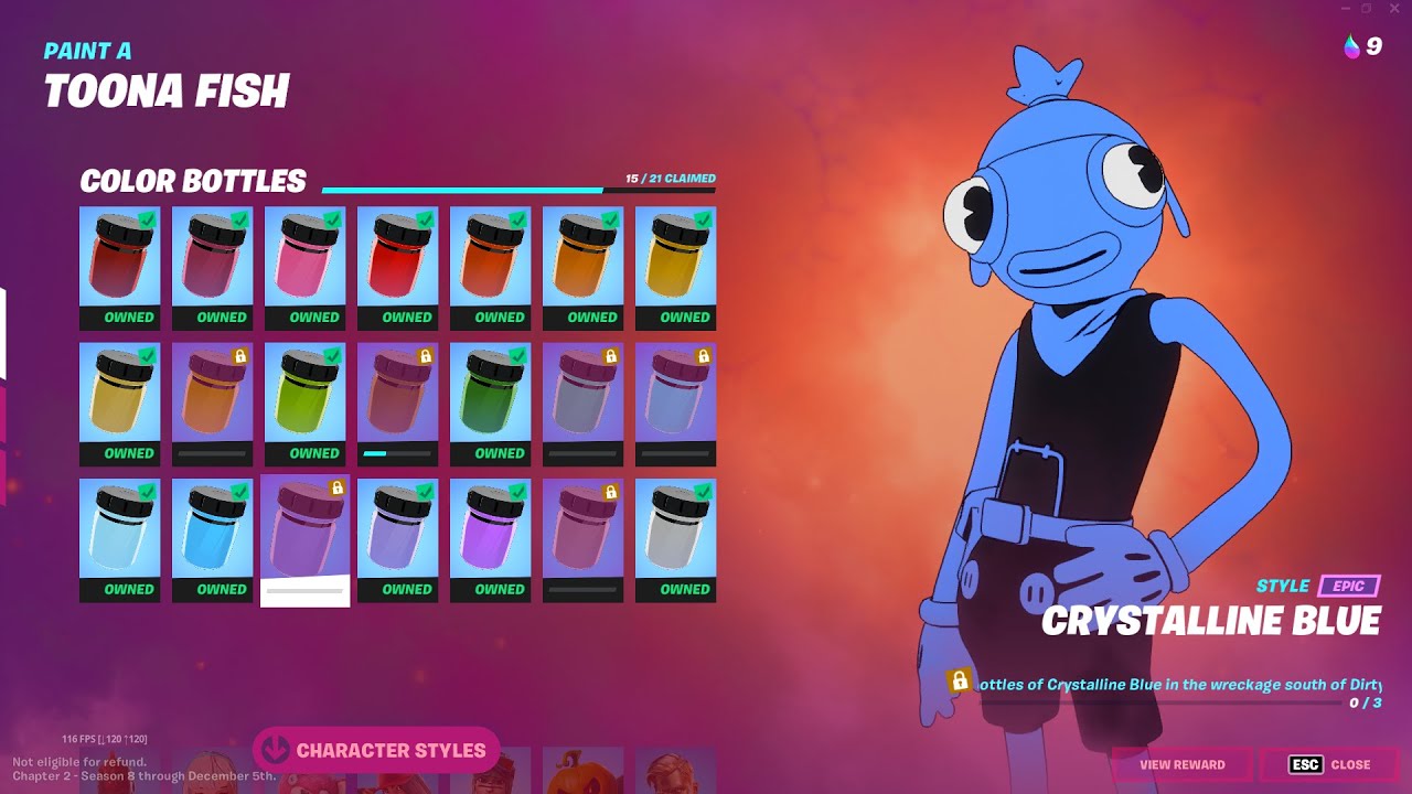 How to Unlock Toona Fish Crystalline Blue Color Style - Toona Fish Bottle Location