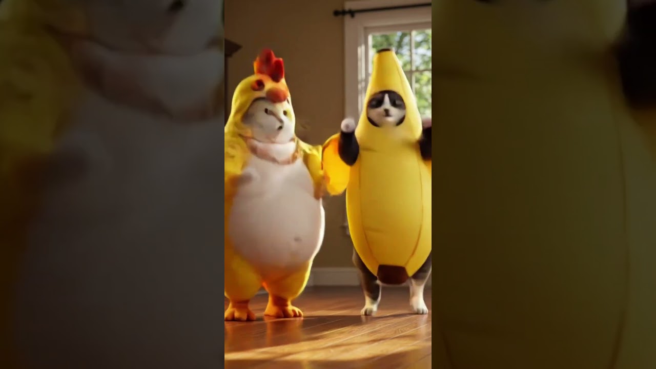 Chubby Cute Cat Does the Chicken Banana Dance Challenge! 🐔🍌v4 