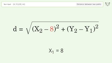 Find the distance between two points p1 (8,51) and p2 (32,44): Step-by-Step Video Solution