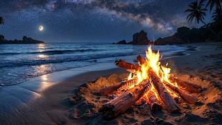 Midnight Beach Campfire | Crackling Fire & Rolling Ocean Waves | 4K ASMR