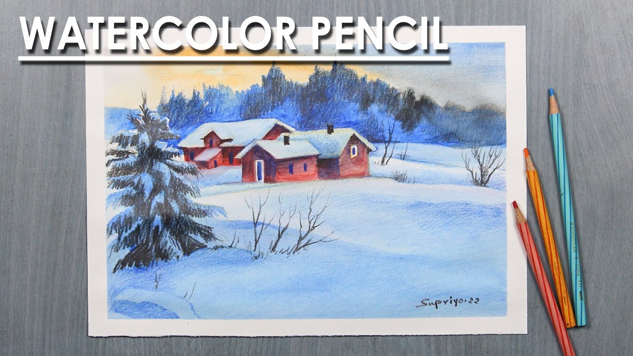 Watercolor Pencil Snowy Winter Landscape Painting | step by step - YouTube