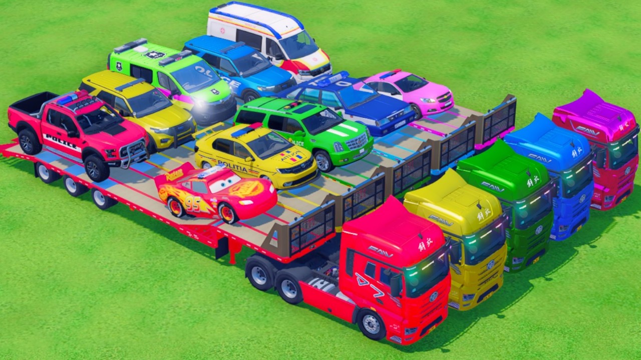 TRANSPORTING ALL POLICE CARS and AMBULANCE EMERGENCY VEHICLES WITH MERCEDES POLICE TRUCKS #131