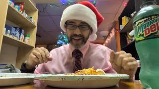 Eating Pizza Rolls, Olive Salad, Doritos And Spaghetti With Meatballs.