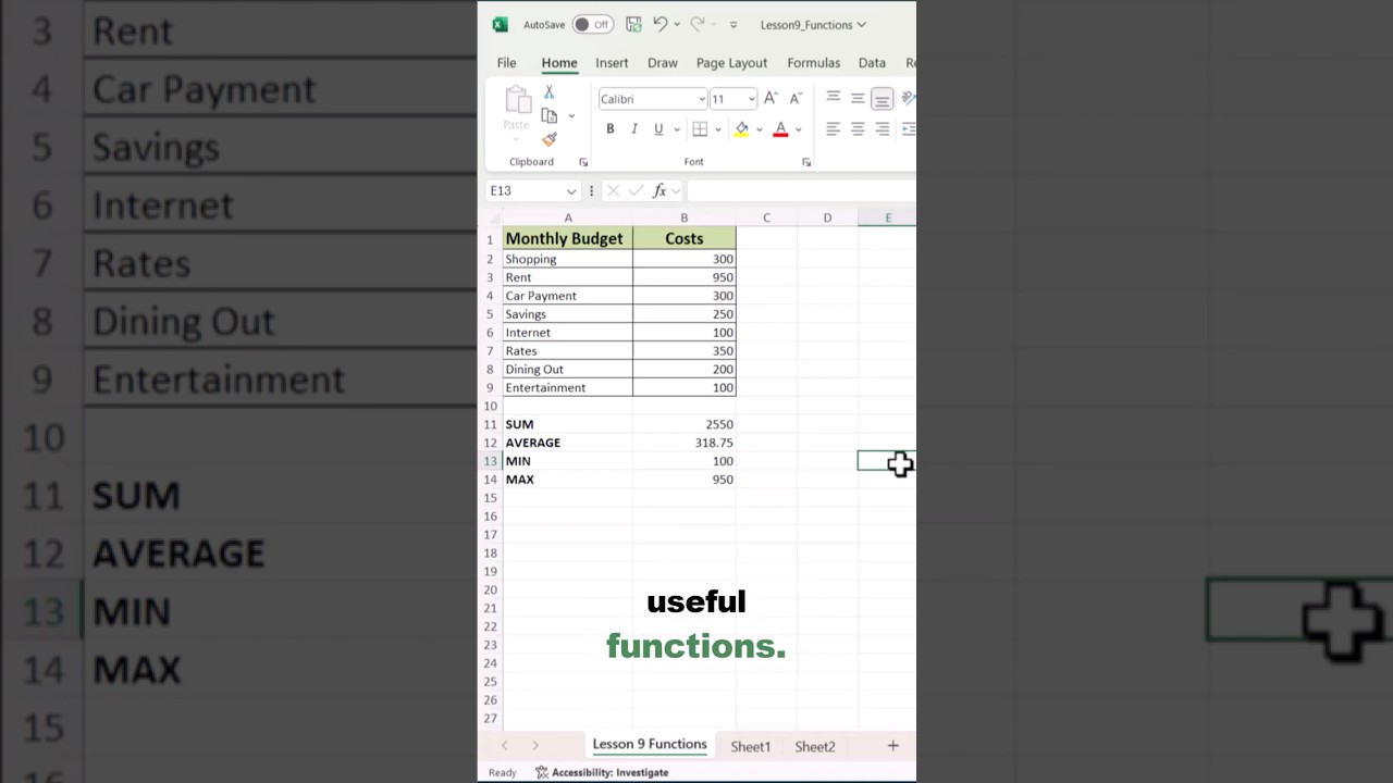 Excel SUM, AVERAGE, MIN & MAX Explained 📊 | Excel for Beginners