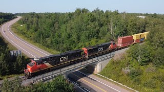 Awesome 4K Aerial Video! Two Day Late CN Stack Train CN 120 on Viaduct at Berry Mills, NB
